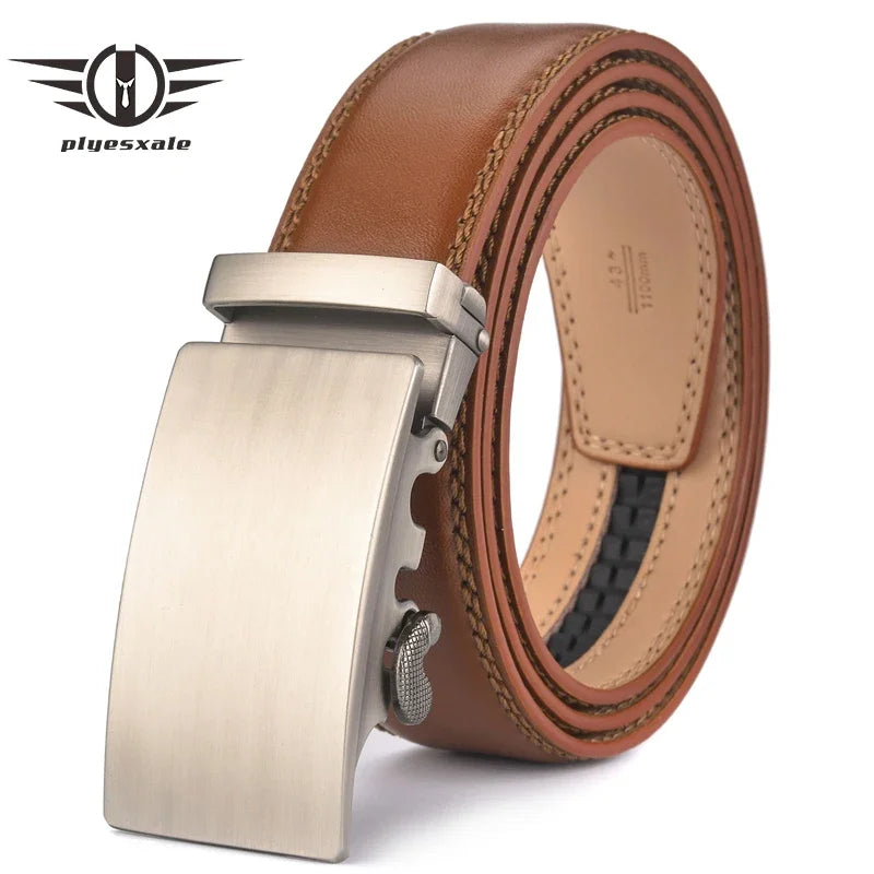 Plyesxale Men's Brown Leather Belt 2026 – Automatic Buckle Vintage Belt for Jeans, Luxury-Style Casual Waist Strap, Ceinture Homme B9
