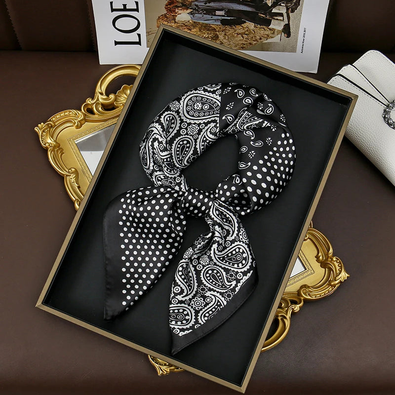 70x70CM Foulard en soie imprimé pour femme – Châle Pashmina carré tendance, tour de cou de luxe, bandeau et bandana décoratif