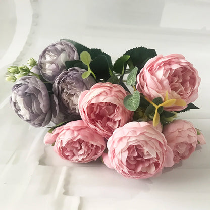 Bouquet de pivoines artificielles roses 30 cm – Fleurs en soie synthétiques avec 5 grandes fleurs et 4 bourgeons pour décoration de mariage, décoration intérieure, arrangements floraux et projets DIY