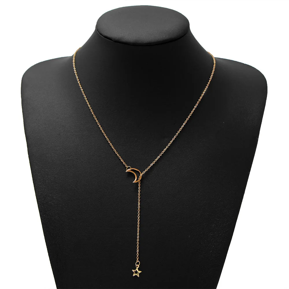 Gargantilla con colgante de luna y estrella dorada – Cadena minimalista de aleación con dije para mujer | Regalo de joyería de moda para fiesta