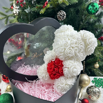 Oso de rosas artificiales de 25 cm con caja de regalo – Regalo romántico para ella en San Valentín, aniversario y boda