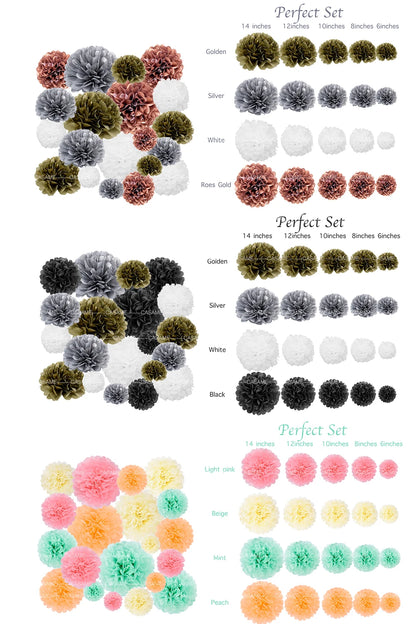 5PCS Tissue Paper Pom Poms – 4–12 Inch Paper Flower Balls for Weddings, Birthdays & Party Decorations