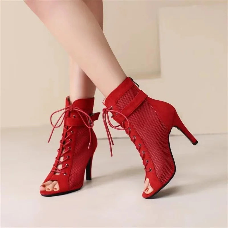 Sandalias Gladiador de Malla con Punta Abierta para Mujer – Tacones Altos de Aguja con Cordones, Zapatos de Fiesta Calados para Verano