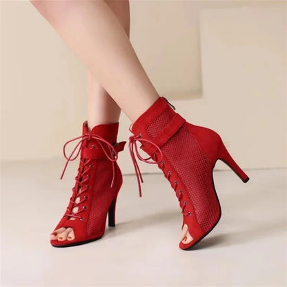 Sandalias Gladiador de Malla con Punta Abierta para Mujer – Tacones Altos de Aguja con Cordones, Zapatos de Fiesta Calados para Verano