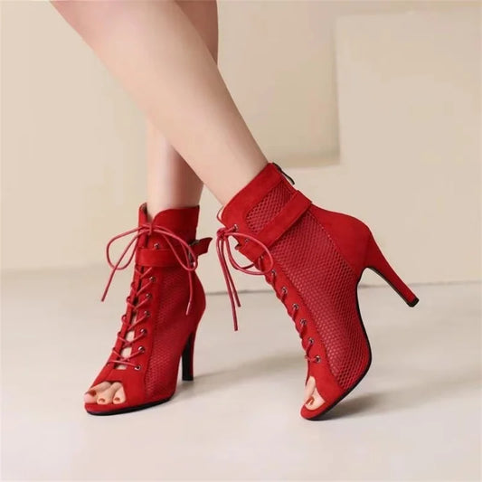 Sandalias Gladiador de Malla con Punta Abierta para Mujer – Tacones Altos de Aguja con Cordones, Zapatos de Fiesta Calados para Verano