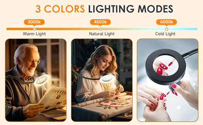 10X LED Magnifying Desk Lamp – 3 Color Light Modes Clamp Magnifier with Flexible Gooseneck for Reading & Nail Art