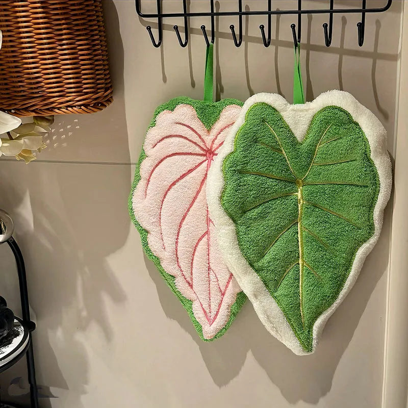 Essuie-mains Feuille – Serviette suspendue douce et absorbante pour la salle de bain et la cuisine, Gant de toilette décoratif, Serviette mouchoir à séchage rapide, Accessoire de nettoyage pour la maison