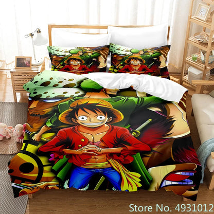 One Piece Luffy 3-Piece Bedding Set – 3D Cartoon Anime Duvet Cover & Pillowcase Set for Kids, Boys, Teens & Adults