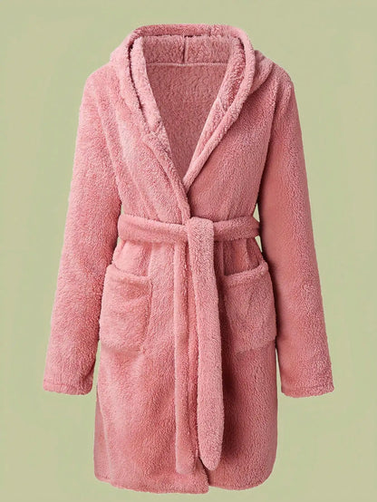 Women’s Hooded Fleece Robe – Solid Color Cozy Warm Bathrobe with Belt for Autumn & Winter Home Wear