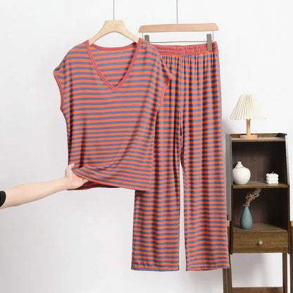 XL-8XL Plus Size Modal Pajama Set – 2PCS Short-Sleeve Striped T-Shirt & Pants, Lightweight Summer Loungewear for Home & Sleep