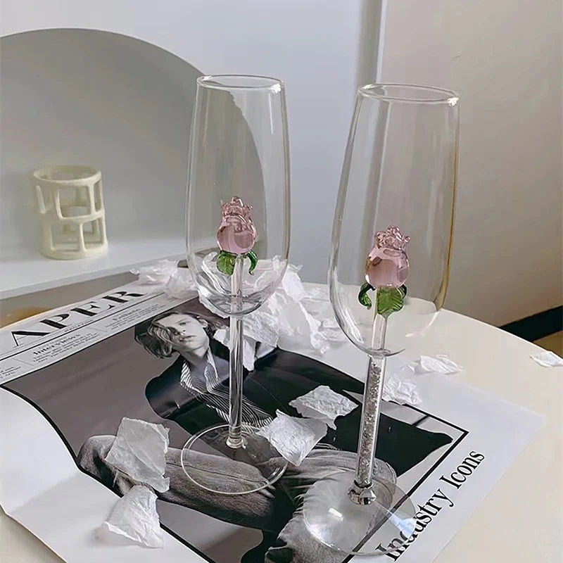 3D Pink Glass Rose Wine Glass Goblet, Red White Wine Cup, Champagne Flute Drinkware, Romantic Valentine’s Day Gift