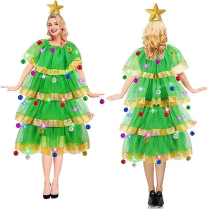 Women's 2026 Christmas Tree Costume Set with Headband and Bells, Festive Tree Skirt Party Outfit for Christmas Cosplay, Holiday Celebrations and Fancy Dress Parties