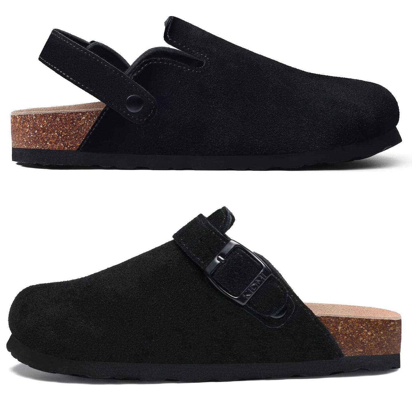 Kidmi Zuecos de ante de vaca para mujer y hombre, mules con plantilla de corcho, correa ajustable y soporte para el arco del pie