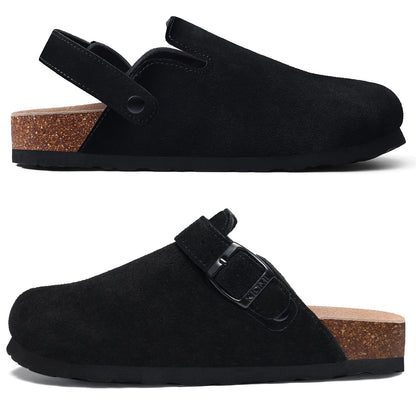 Kidmi Zuecos de ante de vaca para mujer y hombre, mules con plantilla de corcho, correa ajustable y soporte para el arco del pie