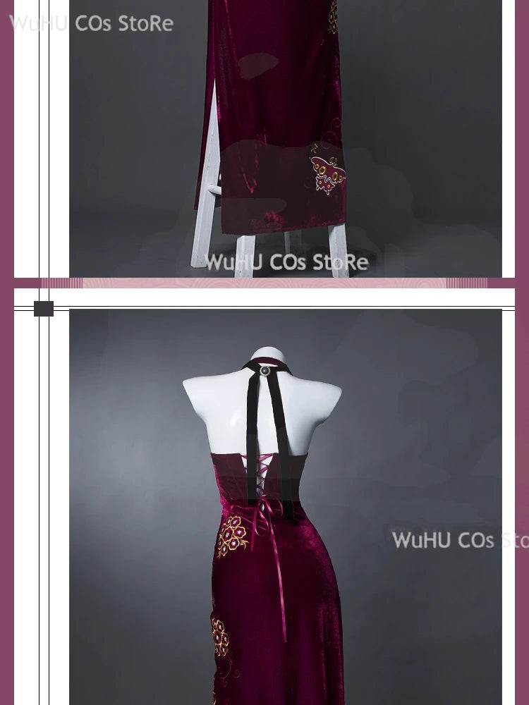 Resident Evil 4 Ada Wong Cosplay Costume | Red Cheongsam Embroidery Dress with Wig | Halloween Carnival & Anime Roleplay Suit for Women