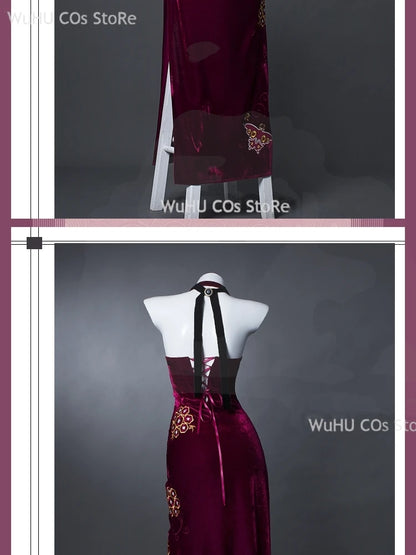 Resident Evil 4 Ada Wong Cosplay Costume | Red Cheongsam Embroidery Dress with Wig | Halloween Carnival & Anime Roleplay Suit for Women