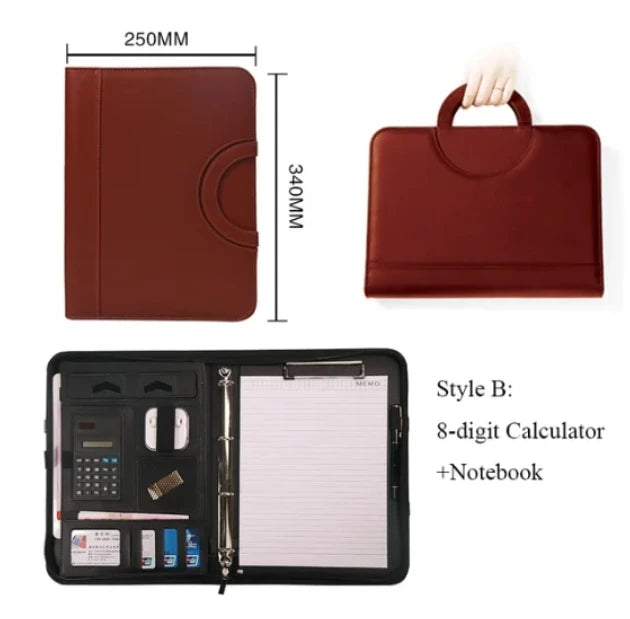 A4 PU Leather Zipper Portfolio Folder – Portable Conference File Organizer with Calculator Holder, Tablet Compartment & Handle