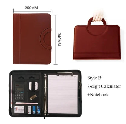 A4 PU Leather Zipper Portfolio Folder – Portable Conference File Organizer with Calculator Holder, Tablet Compartment & Handle