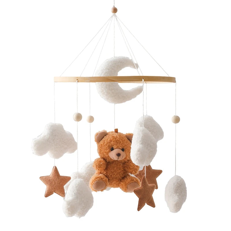Móvil de cuna de madera para bebé con juguetes colgantes de fieltro de oso y caja de música, campana de cama para recién nacido
