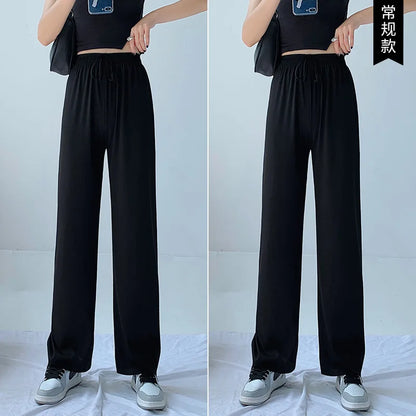 Plus Size Women's Ice Silk Wide-Leg Pants – High-Waist Lightweight Casual Trousers for Summer Sports & Everyday Wear
