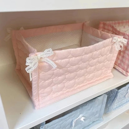 Cute Quilted Lace Storage Basket – Korean Desktop Organizer Bin for Cosmetics, Toys, Sundries & Home Décor