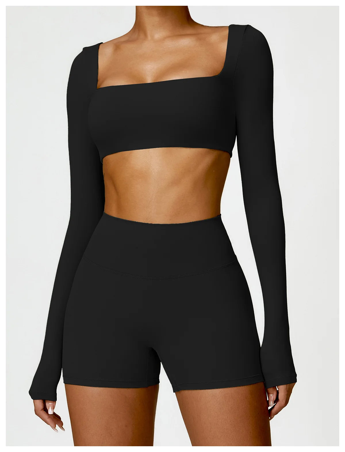 Women’s Square Neck Sports Crop Top – Long Sleeve Quick-Dry Gym Yoga Fitness Activewear