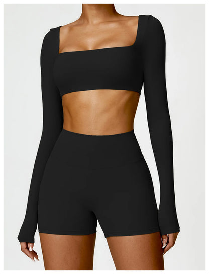 Women’s Square Neck Sports Crop Top – Long Sleeve Quick-Dry Gym Yoga Fitness Activewear
