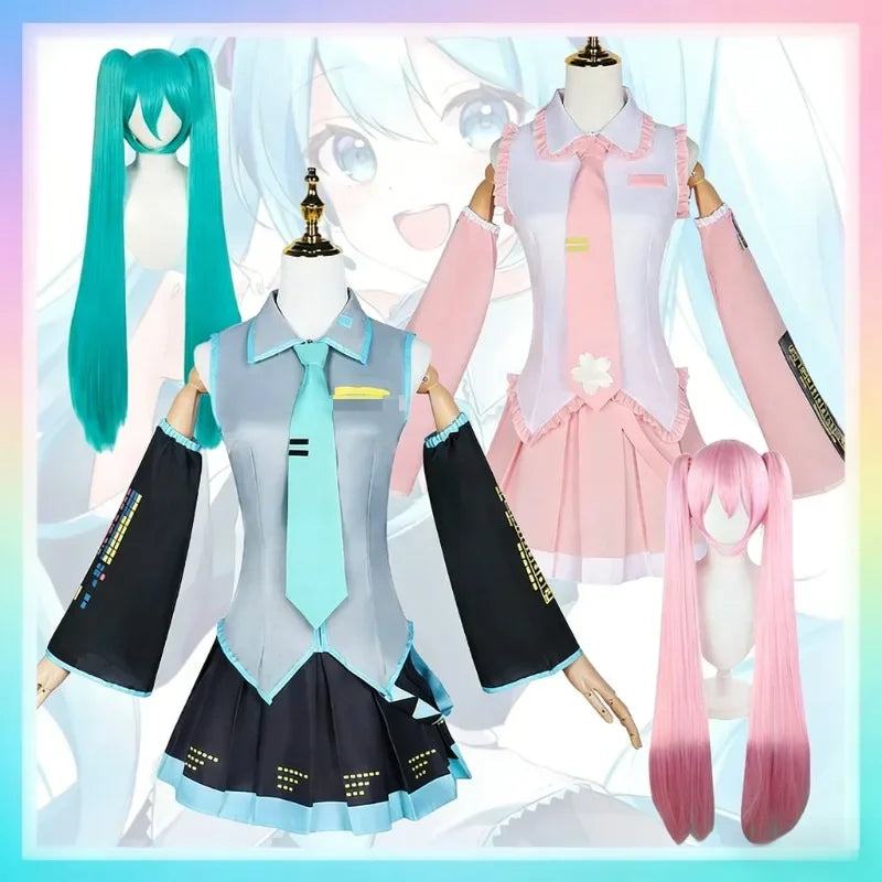 Green Ponytail Anime Cosplay Wig & Costume Set – Virtual Singer Roleplay Outfit with Top & Skirt for Comic Con, Halloween & Party Props