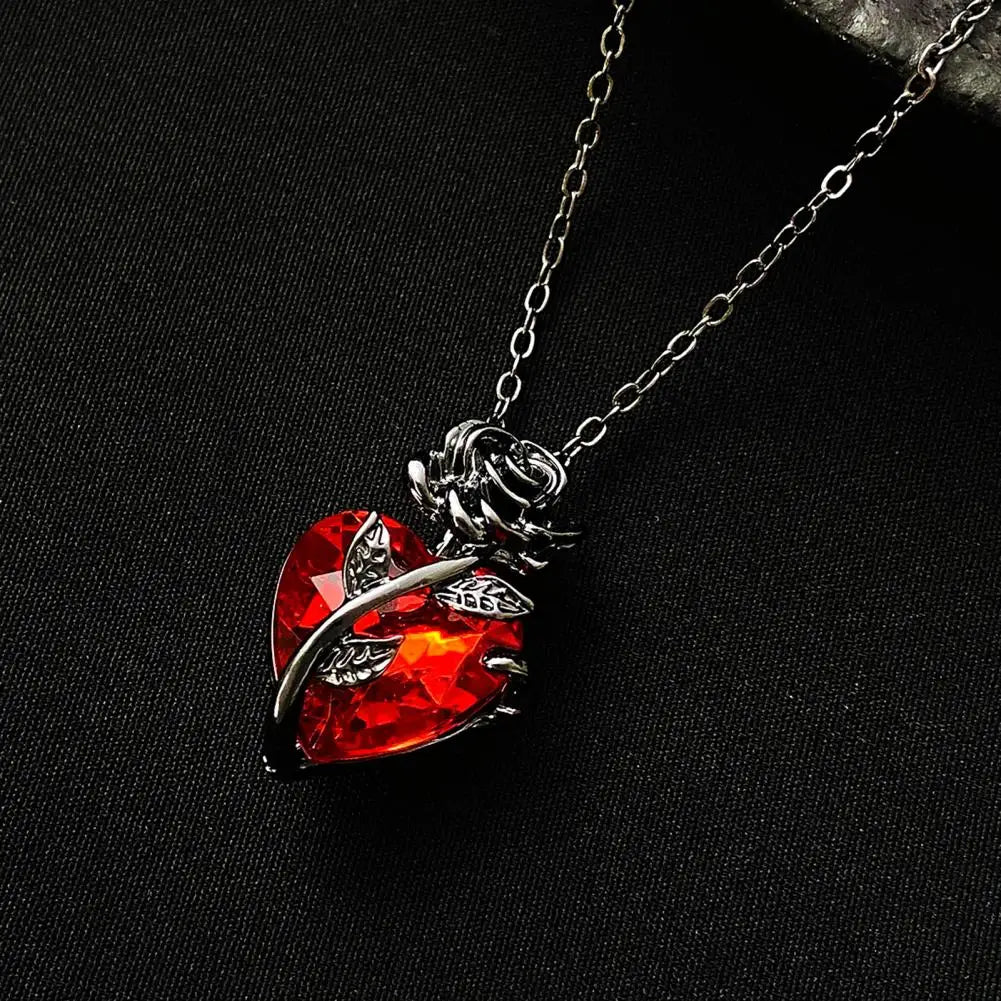 Dark Red Faux Crystal Rose Pendant Necklace – Love Heart Flower Choker for Women, Gothic Punk Jewelry for Dating, Banquets & Daily Wear