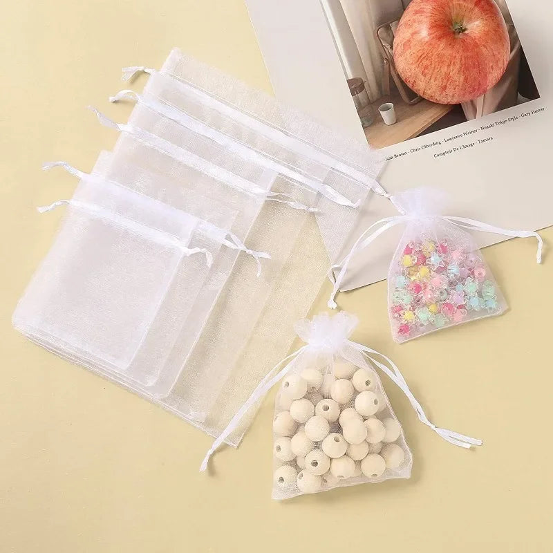 Bolsas de regalo de organza blanca de 20 a 100 unidades – Bolsas de joyería con cordón para recuerdos de boda, regalos de Navidad, empaques de dulces y accesorios para fiestas