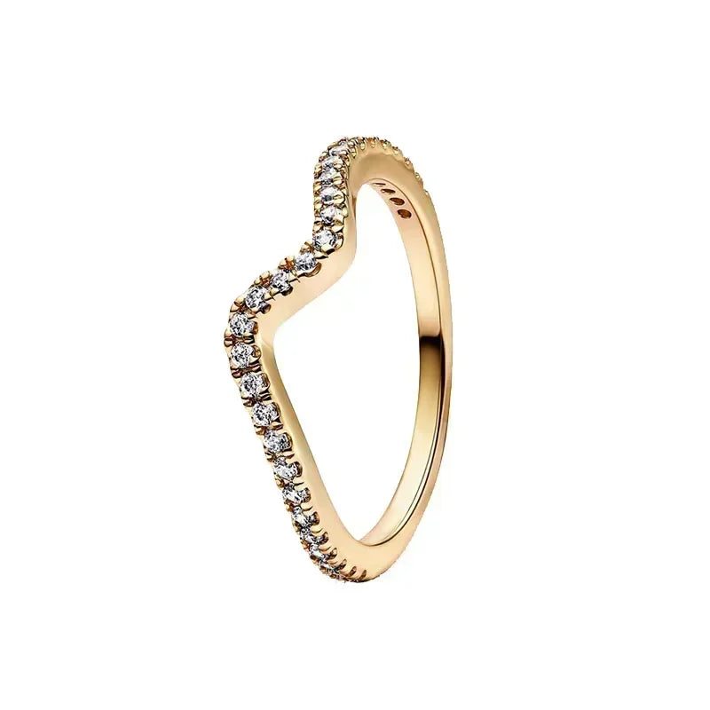 Anillo de moda ajustable con corona de corazón de plata de ley 925 chapado en oro con purpurina para mujer
