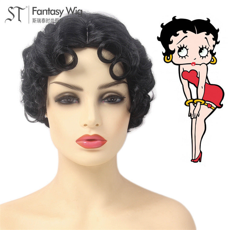 1920s Vintage Black Short Curly Cosplay Wig – Synthetic Party Headgear