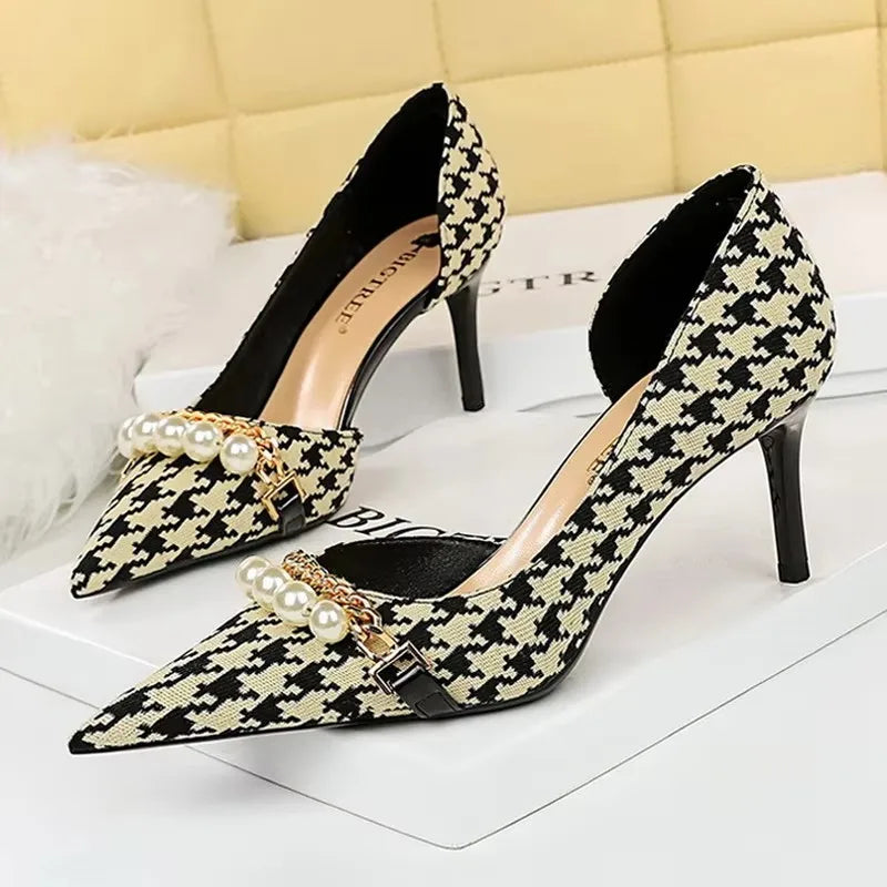 BIGTREE Escarpins à talons aiguilles et chaîne de perles de luxe pour femme – Idéal pour mariage, soirée et banquet