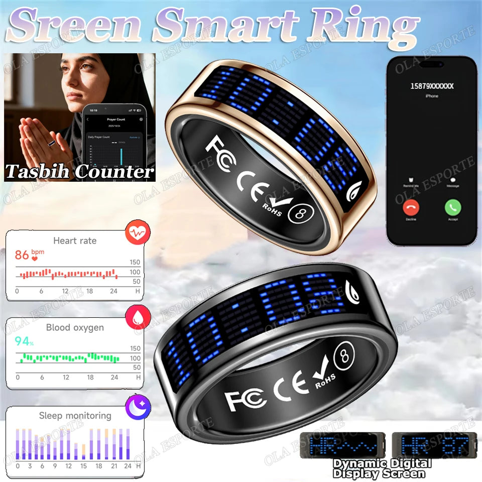 HT30 Smart Ring with Touch Display – Call ID Reminder, Tasbih Counter & Health Manager, 5ATM Waterproof Multiple Sport Modes for Men & Women