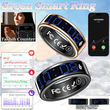 HT30 Smart Ring with Touch Display – Call ID Reminder, Tasbih Counter & Health Manager, 5ATM Waterproof Multiple Sport Modes for Men & Women