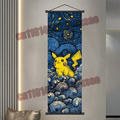 Pokémon Anime Wall Poster – Gengar Eevee Pikachu Scroll Painting Retro Canvas Artwork for Home Decor