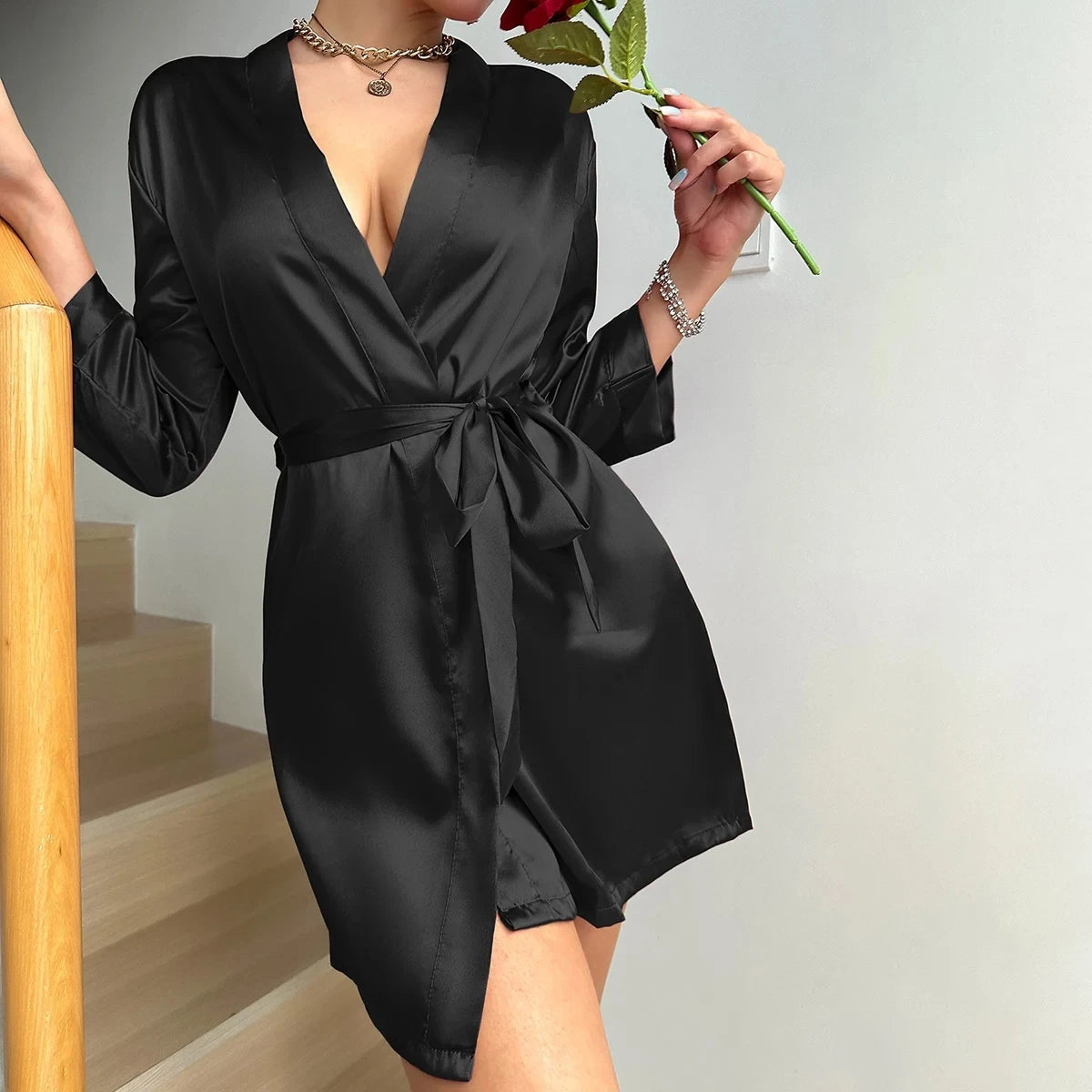 Women’s Summer Ice Silk Robe – Sexy Lace-Up Bathrobe Morning Gown Home Dress Loungewear