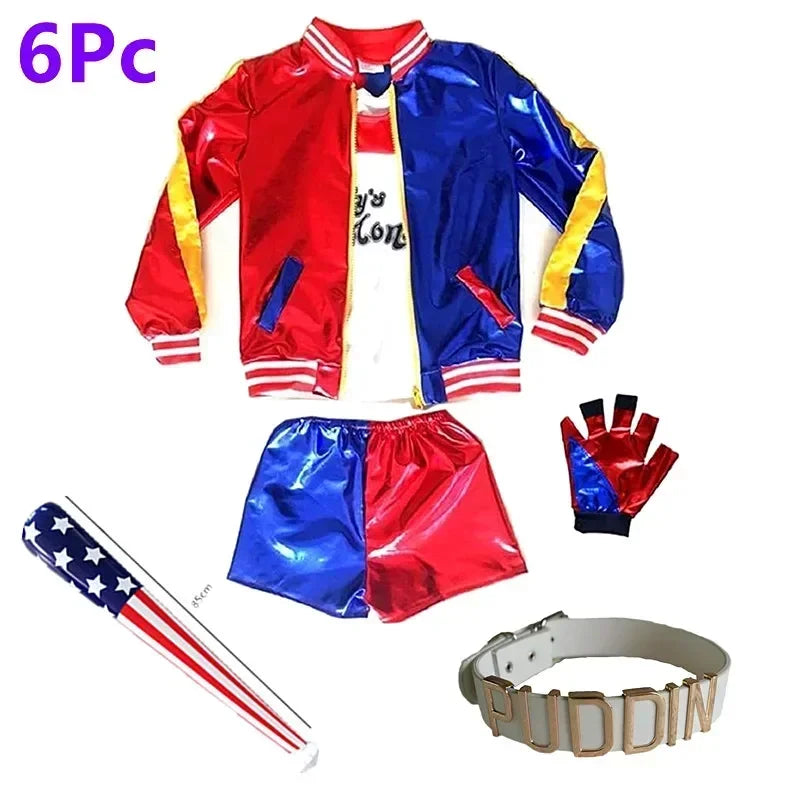 Girls Clown Cosplay Costume Set – Harley-Inspired 6-Piece Halloween Outfit