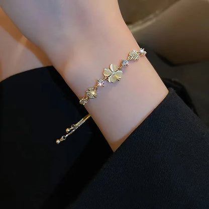 Women’s Fashion Four Leaf Grass Gold Color Adjustable Bracelet Korean Style Wedding Party Jewelry