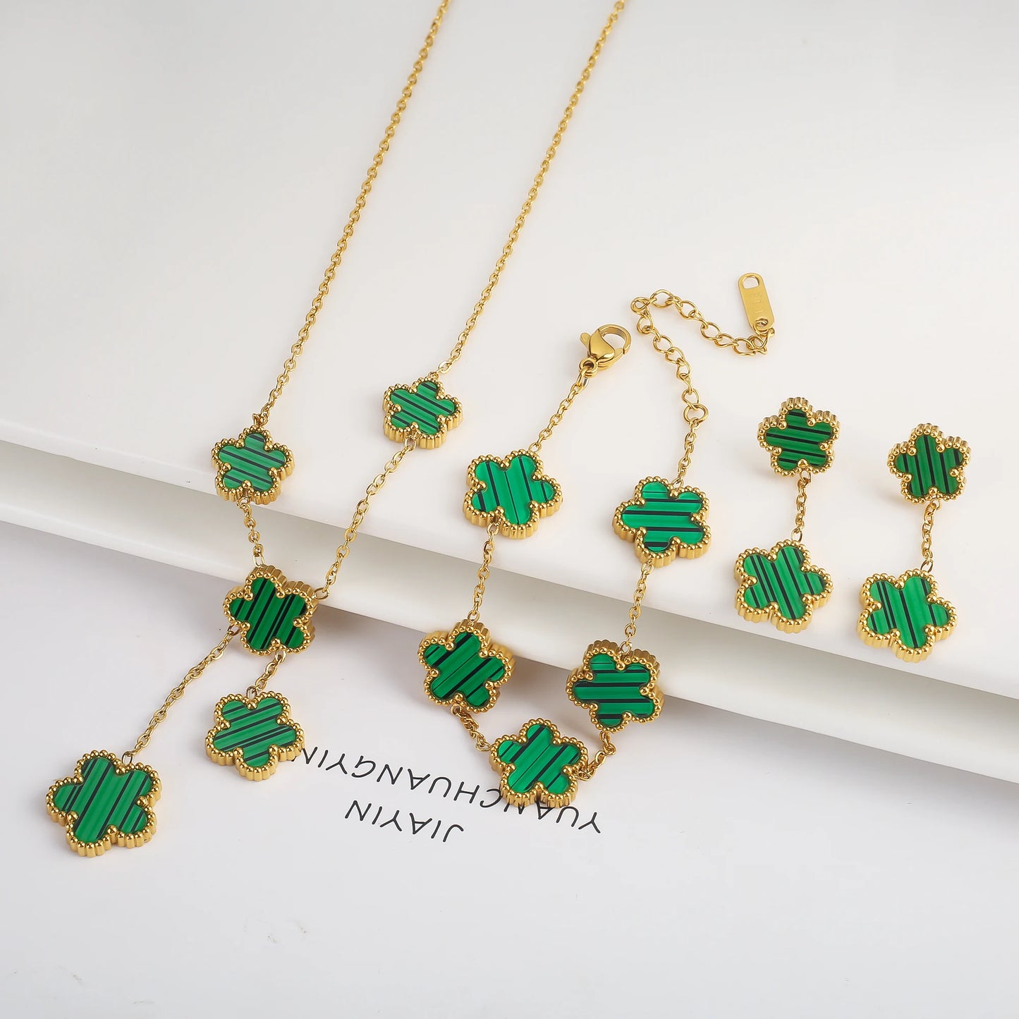 3Pcs Women’s 18K Gold Plated Five Leaf Flower Jewelry Set Clover Necklace Earrings Bracelet Party