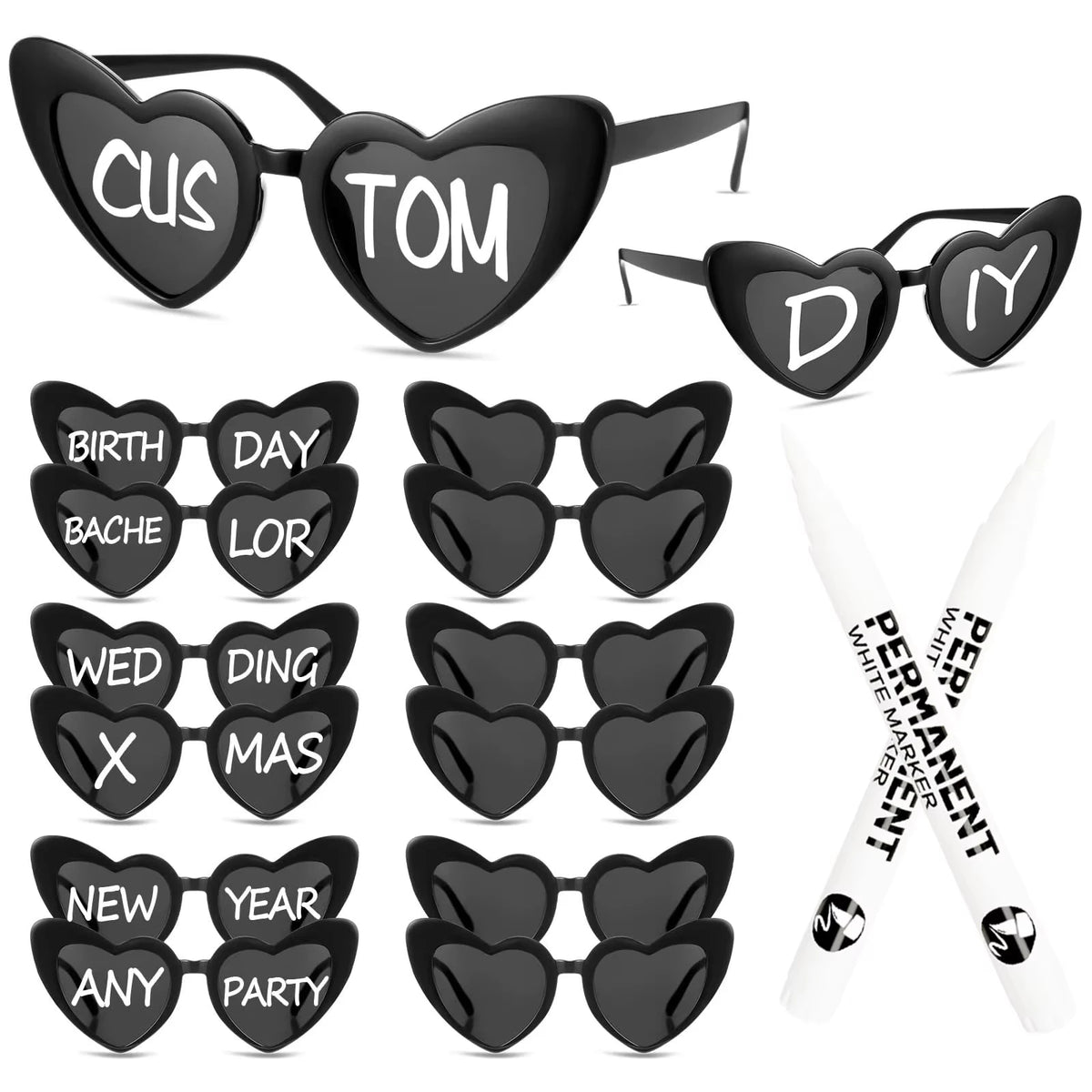 12–120PCS Personalized Heart Sunglasses with Pen – Wedding & Bachelorette Party Favors, Bridal Party Photo Props & Gifts