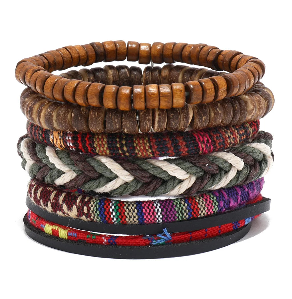 Bohemian Leather Bracelet for Men – Hand-Woven Wooden Bead Charm Bracelet | Vintage Fashion Jewelry Gift for Him