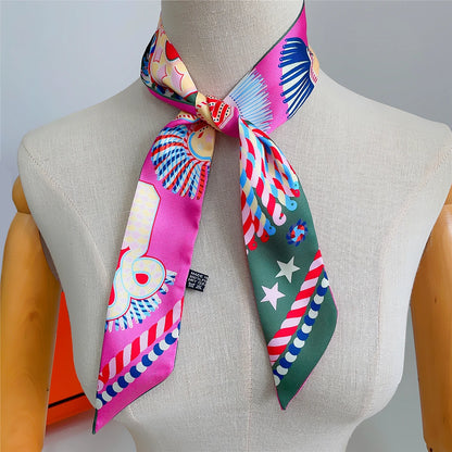 Pañuelo estrecho de sarga de seda 100 % de lujo para mujer, diseño de marca, pañuelo para bolso, pañuelo para el cuello, diadema para el pelo