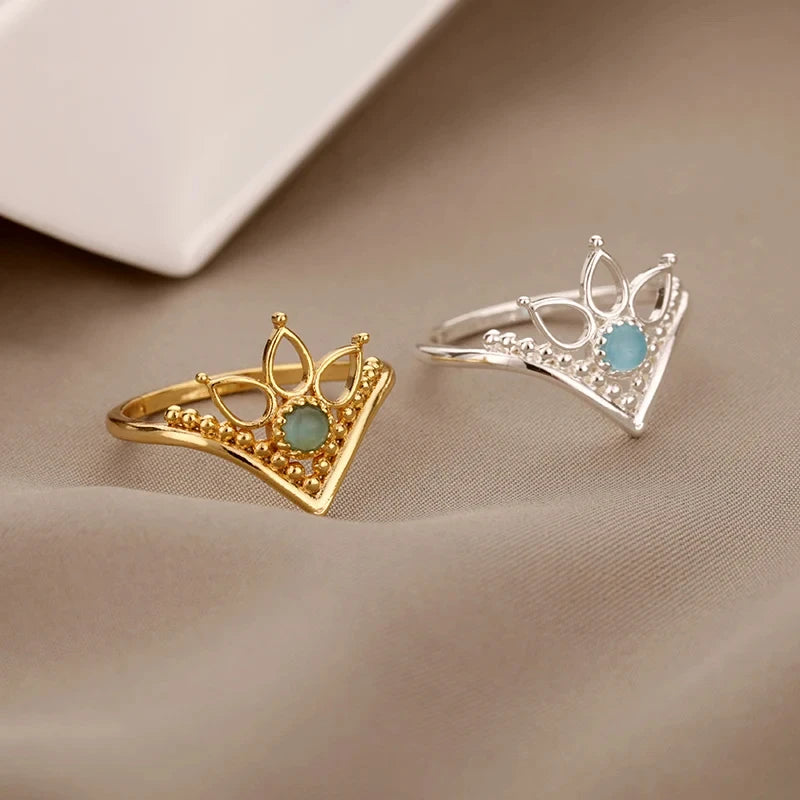Gold Stainless Steel Lotus Flower Opal Ring – Vintage Oval Stone Statement Ring for Women | Elegant Fashion Jewelry Gift
