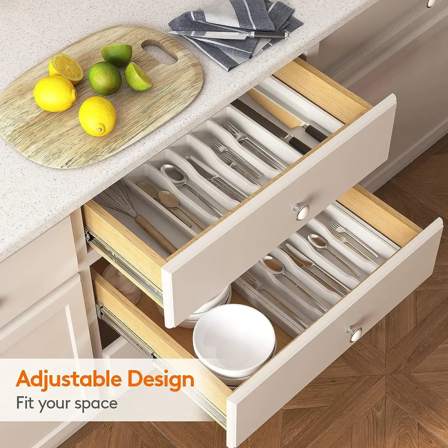 Adjustable Flatware Drawer Organizer – Plastic Kitchen Utensil Storage Tray for Cutlery, Tableware & Countertop