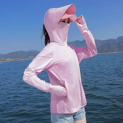 Women's Ice Silk UV Protection Jacket – Lightweight Breathable Long Sleeve Cycling Coat with Hood for Summer Outdoor Sports