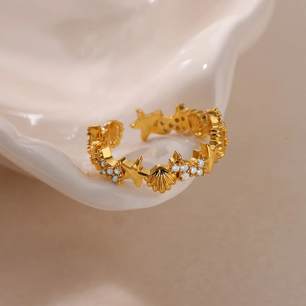 Gold Stainless Steel Starfish & Shell Ring – Adjustable Waterproof Beach-Inspired Ring for Women
