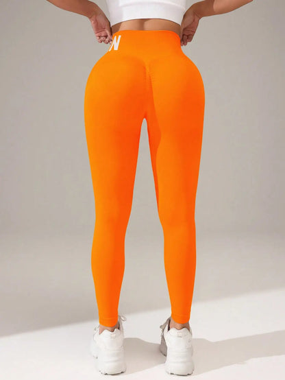 Seamless Yoga Leggings – High-Waist Butt-Lifting Quick-Dry Breathable Workout Tights with Lettering Print for Women