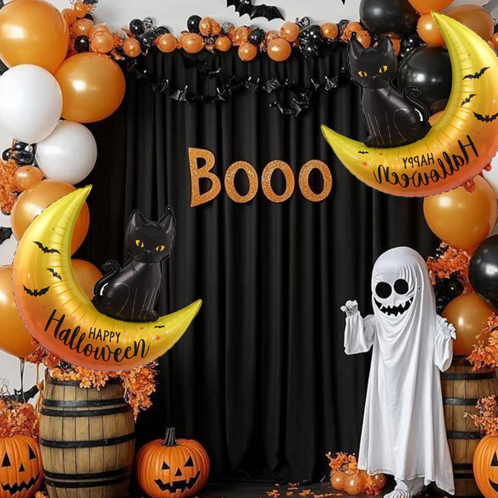 2PCS Black Cat Moon Halloween Foil Balloons – Happy Halloween Aluminum Mylar Balloons for Party Decorations, Favors & Gifts