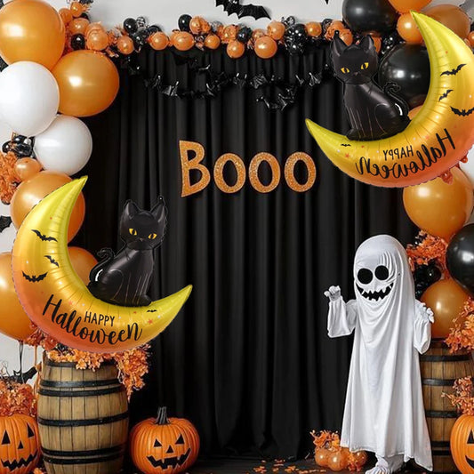 2PCS Black Cat Moon Halloween Foil Balloons – Happy Halloween Aluminum Mylar Balloons for Party Decorations, Favors & Gifts